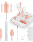 8-in-1 Electric Bottle Brush Cleaner- Baby Bottle Brush Set with Silicone Brush Nipple Brush Straw Brush 90° Rotating Handle Waterproof Rechargeable Travel Bottle Cleaner Kit Pink