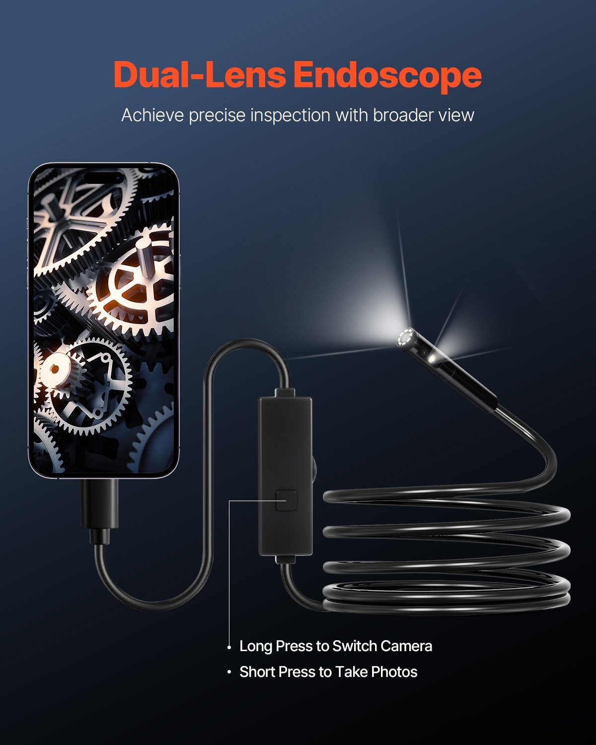 Dual Lens Borescope Endoscope Camera For Android IOS 10FT Snake Cable