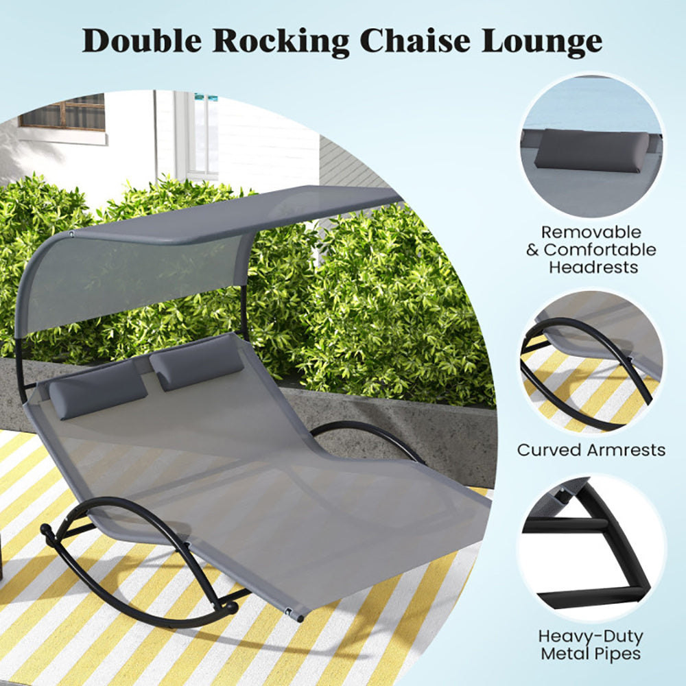 Outdoor Dual Rocker Sunbed 2-Person Canopied Patio Lounger With Detachable Headrests