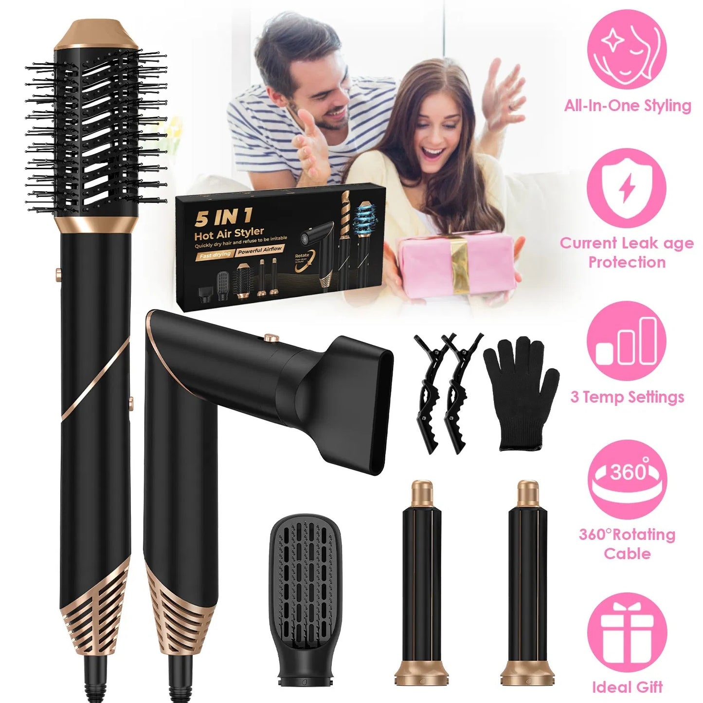 5 In 1 Hot Air Styler Straightener Curler Dryer Automatic Wrap Styler Hair Dryer Brush Set With 3 Temp Settings ALCI Plug Glove Cable Tie 2 Alligator Hair Clips GPCT5395