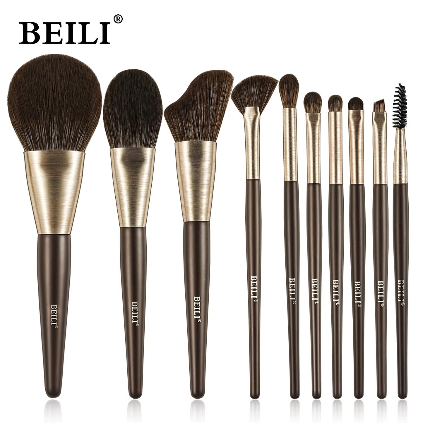 Beili Christmas Gift Makeup Brush Set Of 10, Kabuki Brushes With Synthetic Hair For Foundation, Concealer, And Eyeshadow.