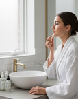 Woman applying hydrocolloid pimple patch lifestyle photo