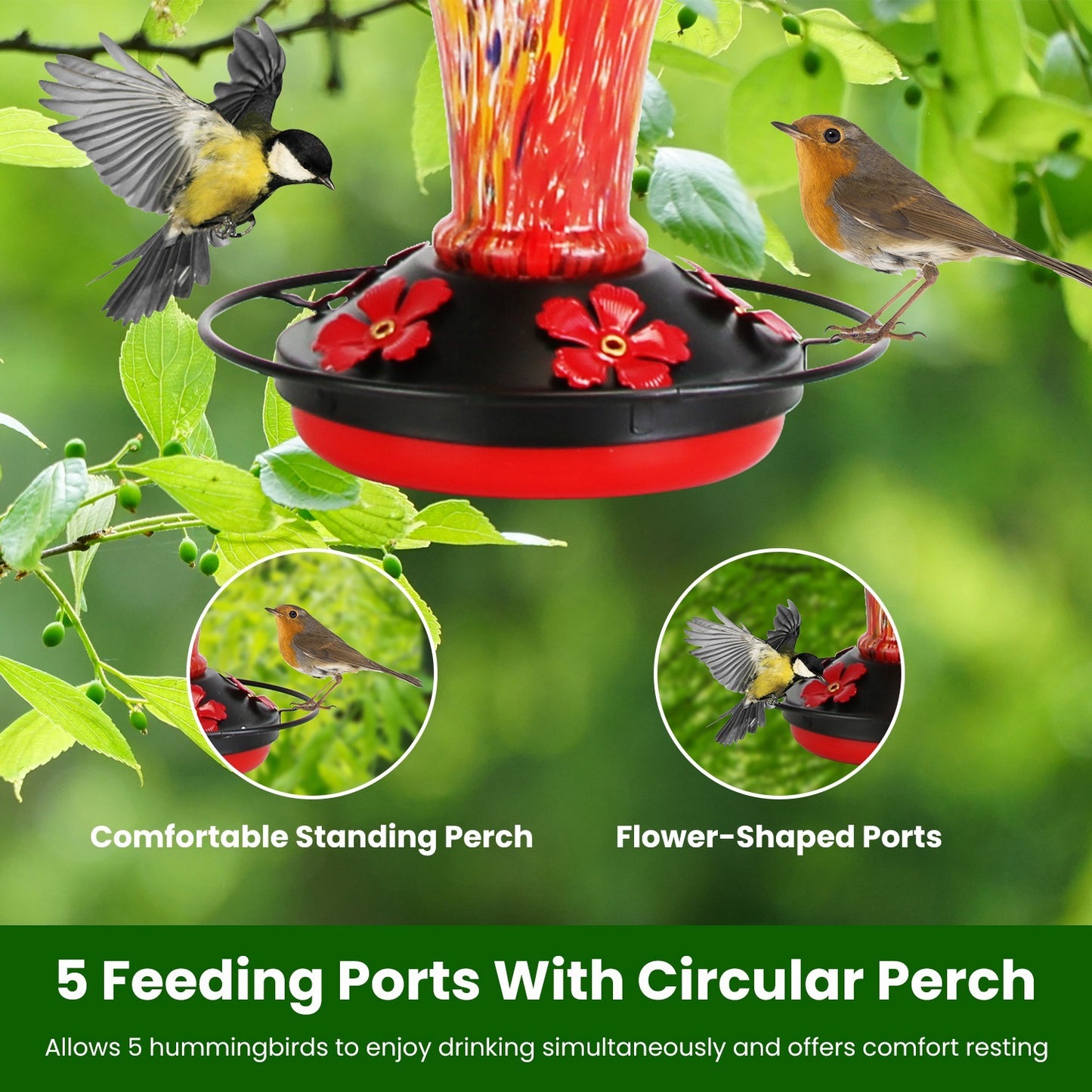 1Pc Glass Hummingbird Feeder 33OZ Hand Blown Hummingbird Feeder With 5 Flower Feeding Port Perch Ant Moat Hanging Hook S Hook Hemp Rope Cleaning Brush For Garden Decor