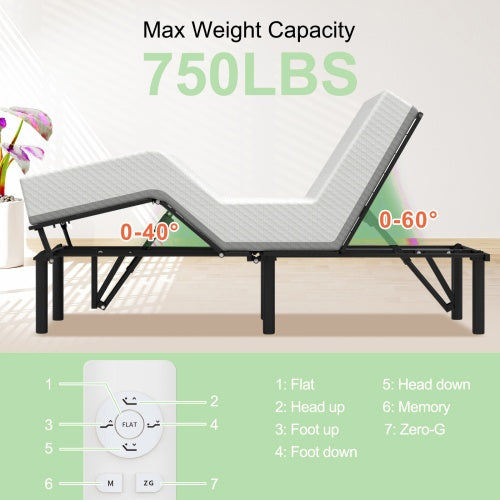 Adjustable Bed Base Frame Head And Foot Incline Quiet Motor Queen Size Zero Gravity, Dual USB A C Ports, Remote Control With ZG And Memory Keys