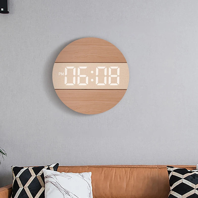 Large Screen Digital Clock Wooden Color 12/24H Household Wall Mounted Clock for Living Room with Automatic Brightness Adjustment