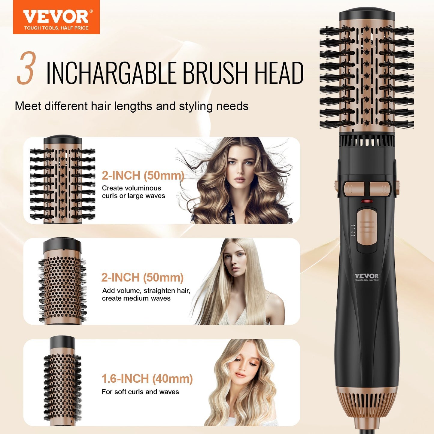 Rotating Hair Dryer Brush Hot Air Styling Brush With 3 Interchange Heads