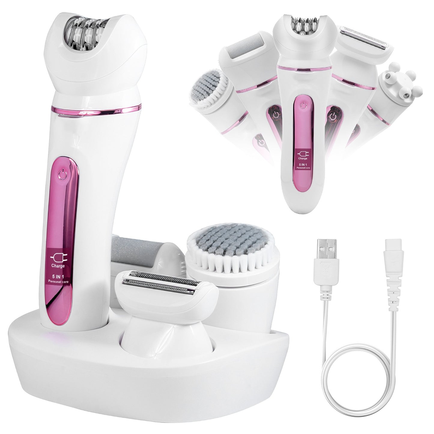 1Pc 5 In 1 Electric Body Epilator Rechargeable Women's Grooming Kit Epilator Shaver Facial Brush Callus Remover 5 Point Massager With LED Light LED Display Charging Base