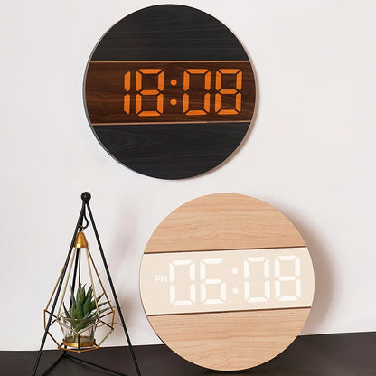 Large Screen Digital Clock Wooden Color 12/24H Household Wall Mounted Clock for Living Room with Automatic Brightness Adjustment