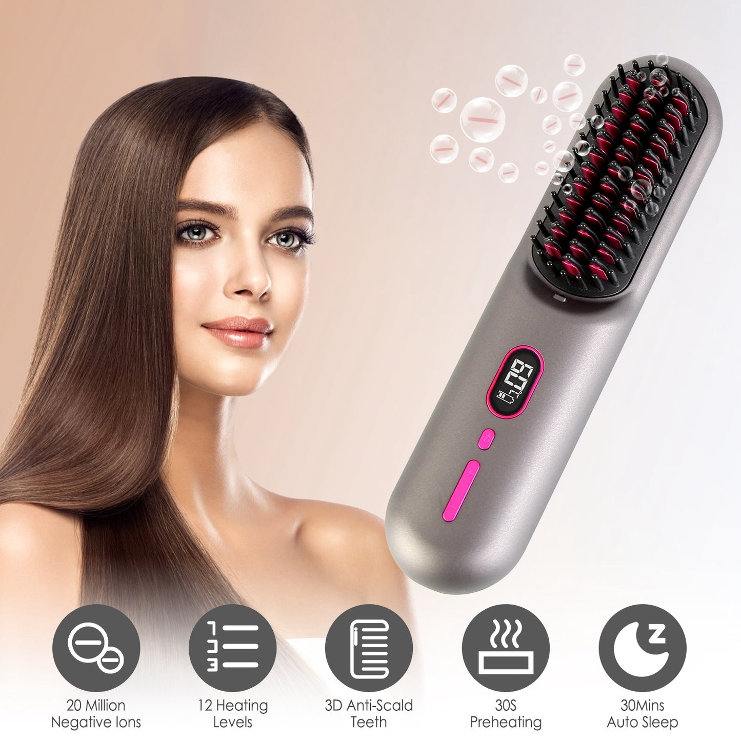 Grey-Black Options -- 1Pc Cordless Negative Ion Hair Straightener Brush Rechargeable Mini Styling Comb With 12 Heating Levels Anti-scald 30S Preheating 30Mins Auto Sleep LCD Display