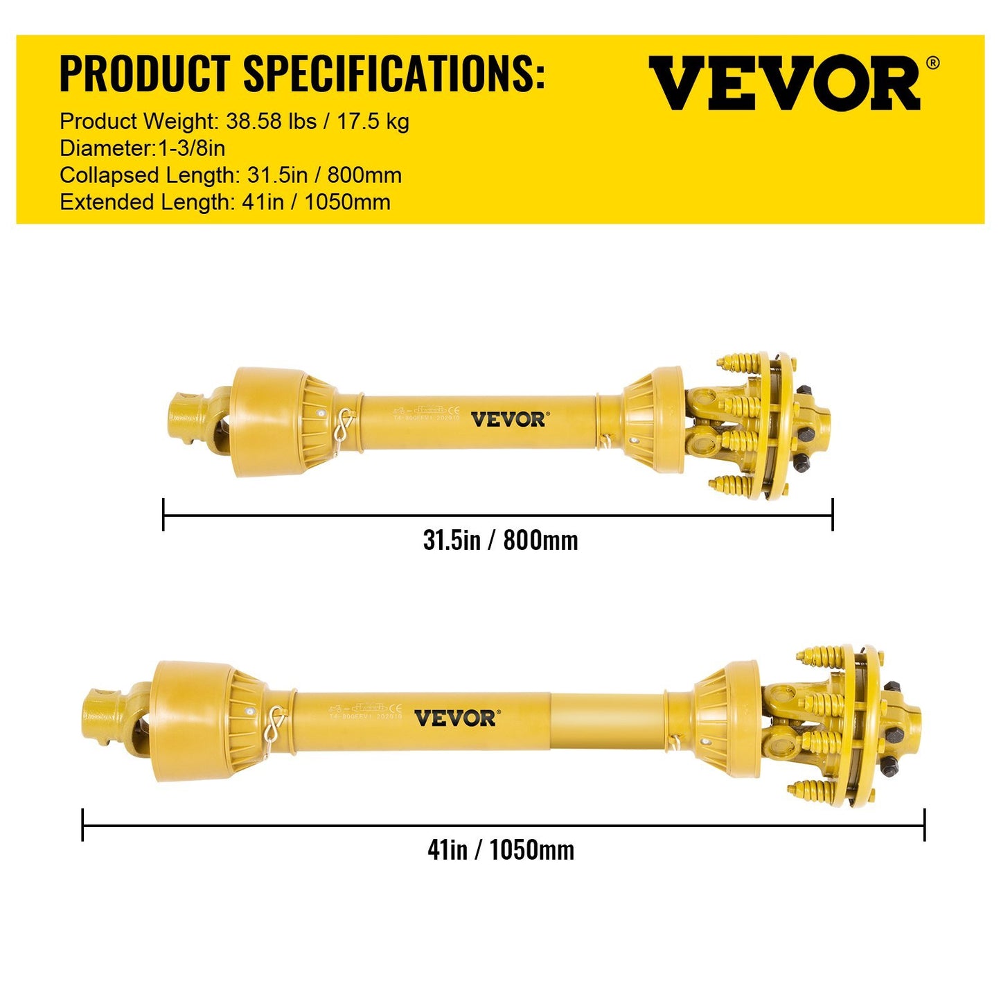 VEVOR PTO Shaft, PTO Drive Shaft, 6 Spline Both Ends PTO Driveline Shaft, Series 4 Tractor PTO Shaft, Brush Hog PTO Shaft, Yellow PTO Shaft WSlip Clutch For Bush Hog Finish Mower