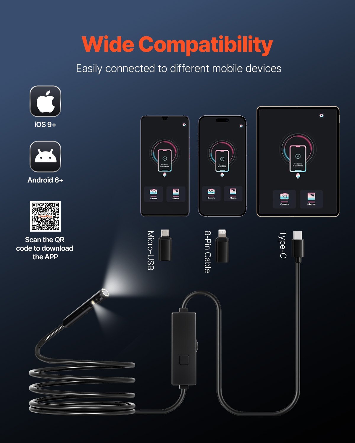 Dual Lens Borescope Endoscope Camera For Android IOS  10FT Snake Cable