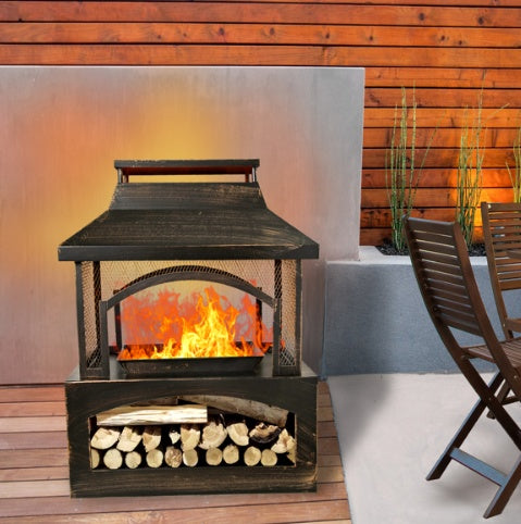 37 Inch Rectangular Metal Outdoor Wood Burning Fireplace - Outdoor Fireplace With Built-in Log Storage & Brush Stick For Log Burner Fire Pit In Patio Garden & Backyard
