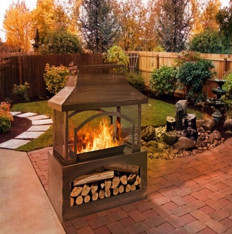 37 Inch Rectangular Metal Outdoor Wood Burning Fireplace - Outdoor Fireplace With Built-in Log Storage & Brush Stick For Log Burner Fire Pit In Patio Garden & Backyard
