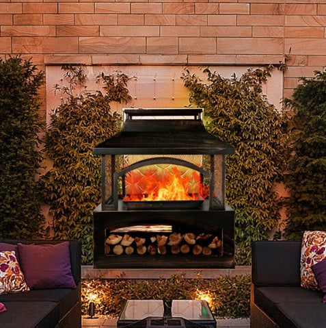 37 Inch Rectangular Metal Outdoor Wood Burning Fireplace - Outdoor Fireplace With Built-in Log Storage & Brush Stick For Log Burner Fire Pit In Patio Garden & Backyard