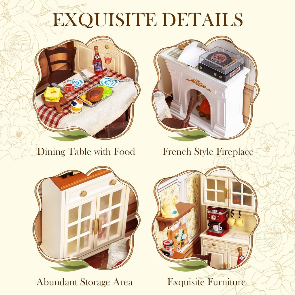 ROBOTIME DIY Miniature House Kit Dollhouse Model Building Craft Kit Birthday Creative Gifts For Adults Kids Girls Boys Warm Dining Room