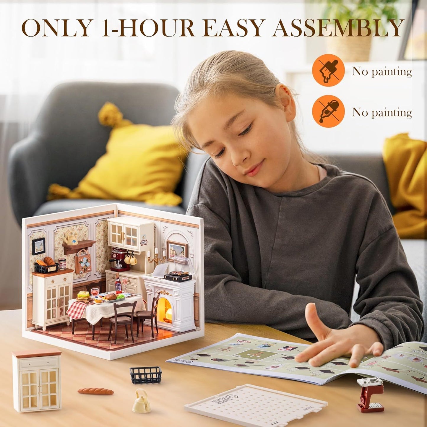 ROBOTIME DIY Miniature House Kit Dollhouse Model Building Craft Kit Birthday Creative Gifts For Adults Kids Girls Boys Warm Dining Room