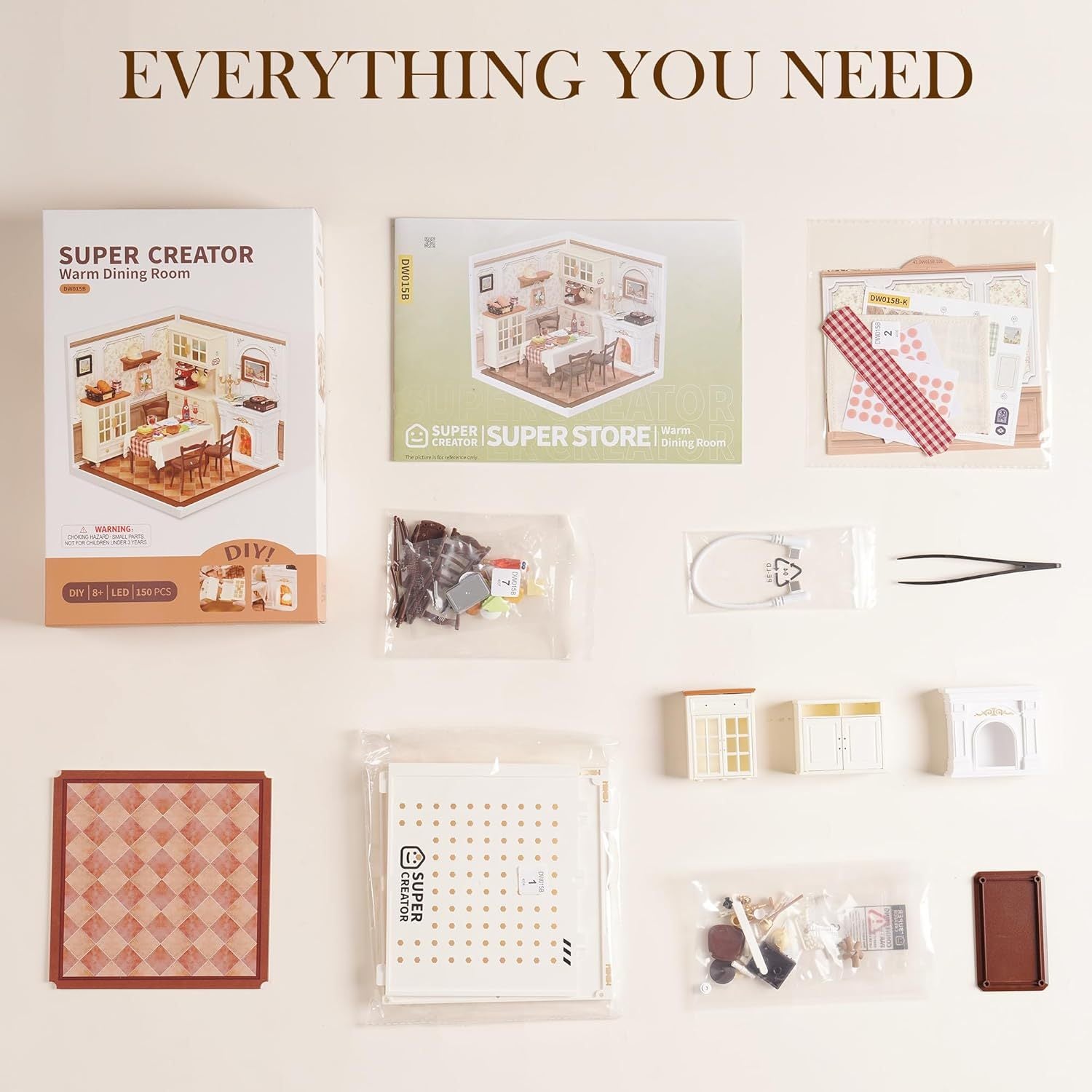 ROBOTIME DIY Miniature House Kit Dollhouse Model Building Craft Kit Birthday Creative Gifts For Adults Kids Girls Boys Warm Dining Room