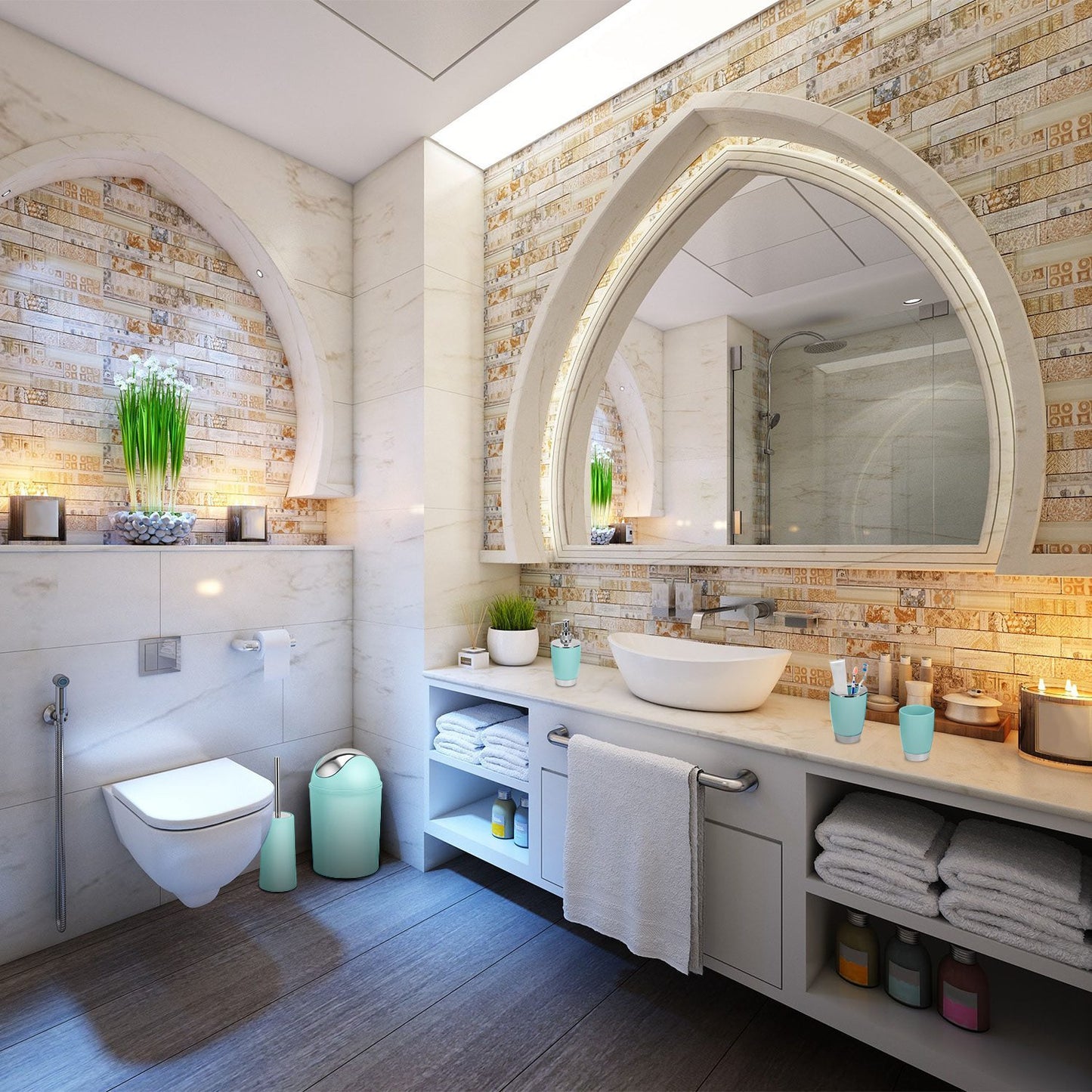 Bathroom Accessories Set 6 Pcs Bathroom Set Ensemble Complete Soap Dispenser Toothbrush Holder Tumbler Soap Dish Toilet Cleaning Brush Trash Can