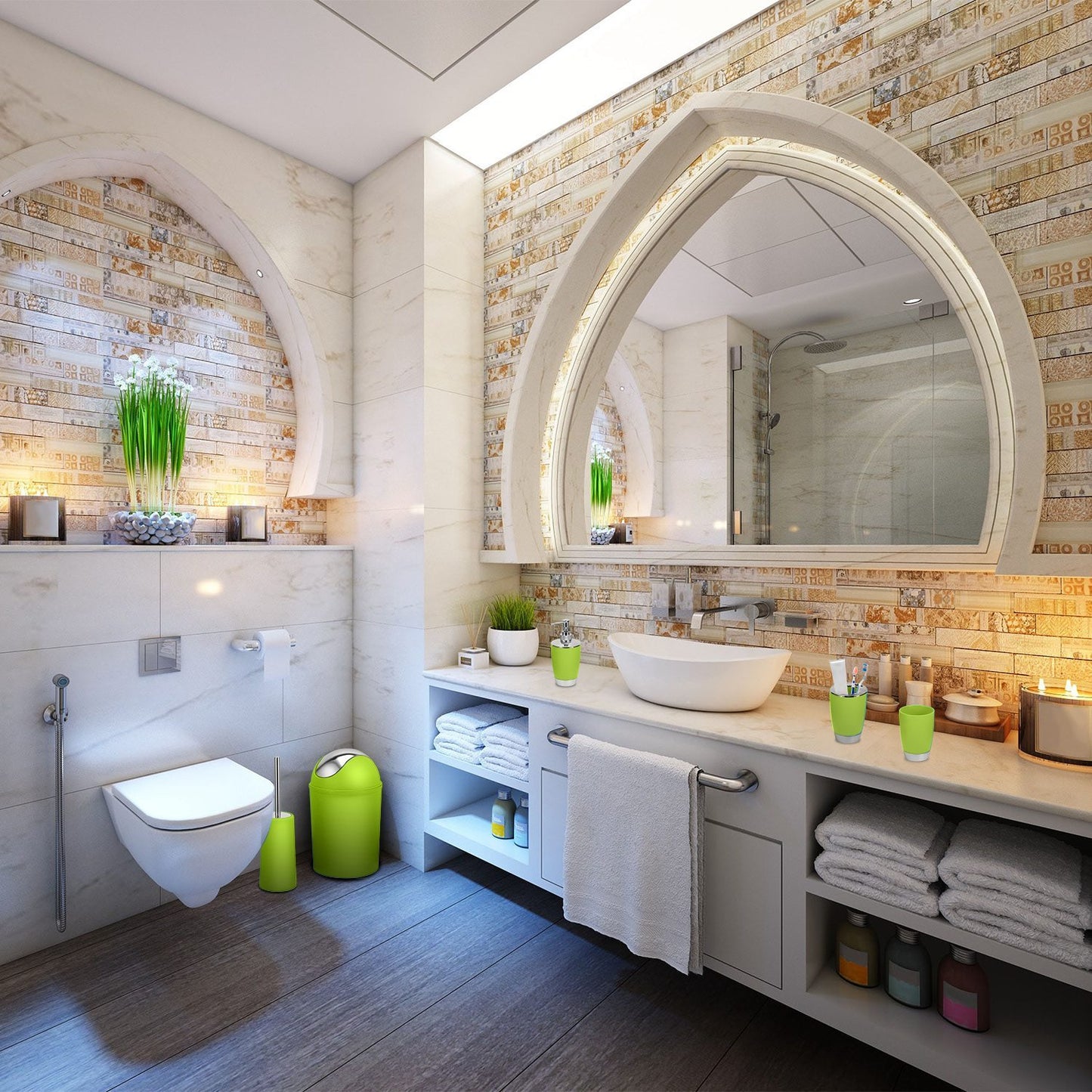 Bathroom Accessories Set 6 Pcs Bathroom Set Ensemble Complete Soap Dispenser Toothbrush Holder Tumbler Soap Dish Toilet Cleaning Brush Trash Can