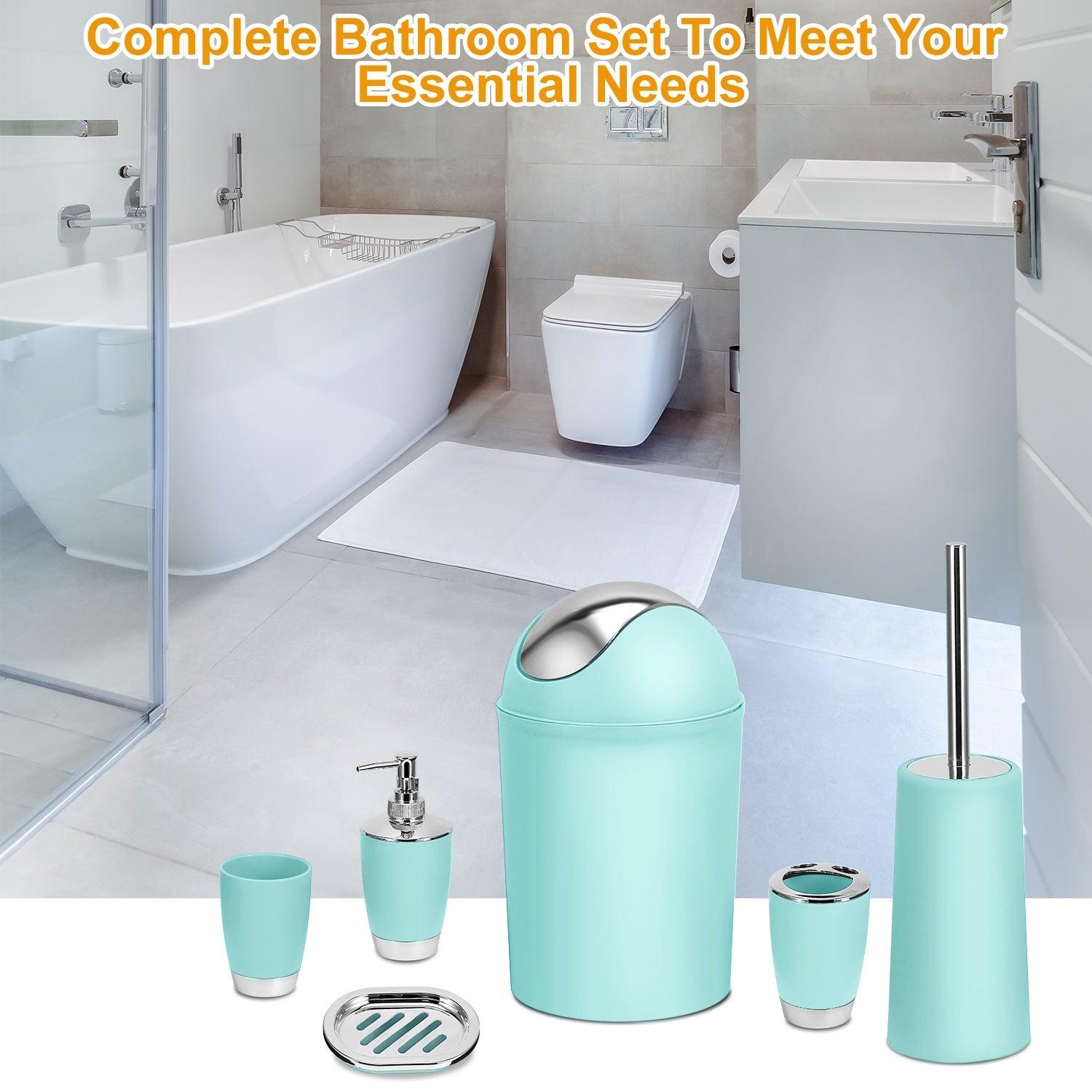 Bathroom Accessories Set 6 Pcs Bathroom Set Ensemble Complete Soap Dispenser Toothbrush Holder Tumbler Soap Dish Toilet Cleaning Brush Trash Can