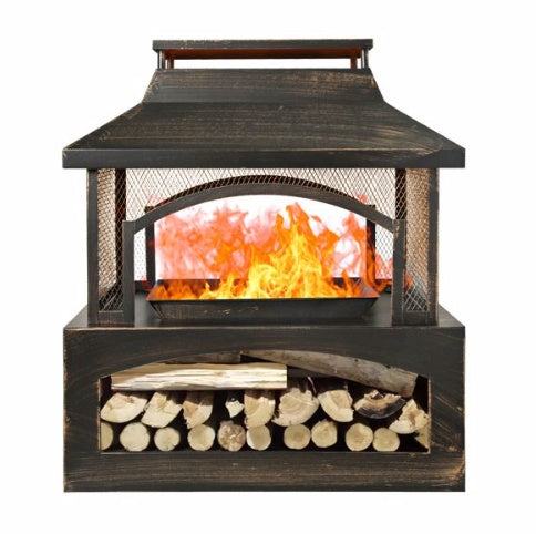 37 Inch Rectangular Metal Outdoor Wood Burning Fireplace - Outdoor Fireplace With Built-in Log Storage & Brush Stick For Log Burner Fire Pit In Patio Garden & Backyard