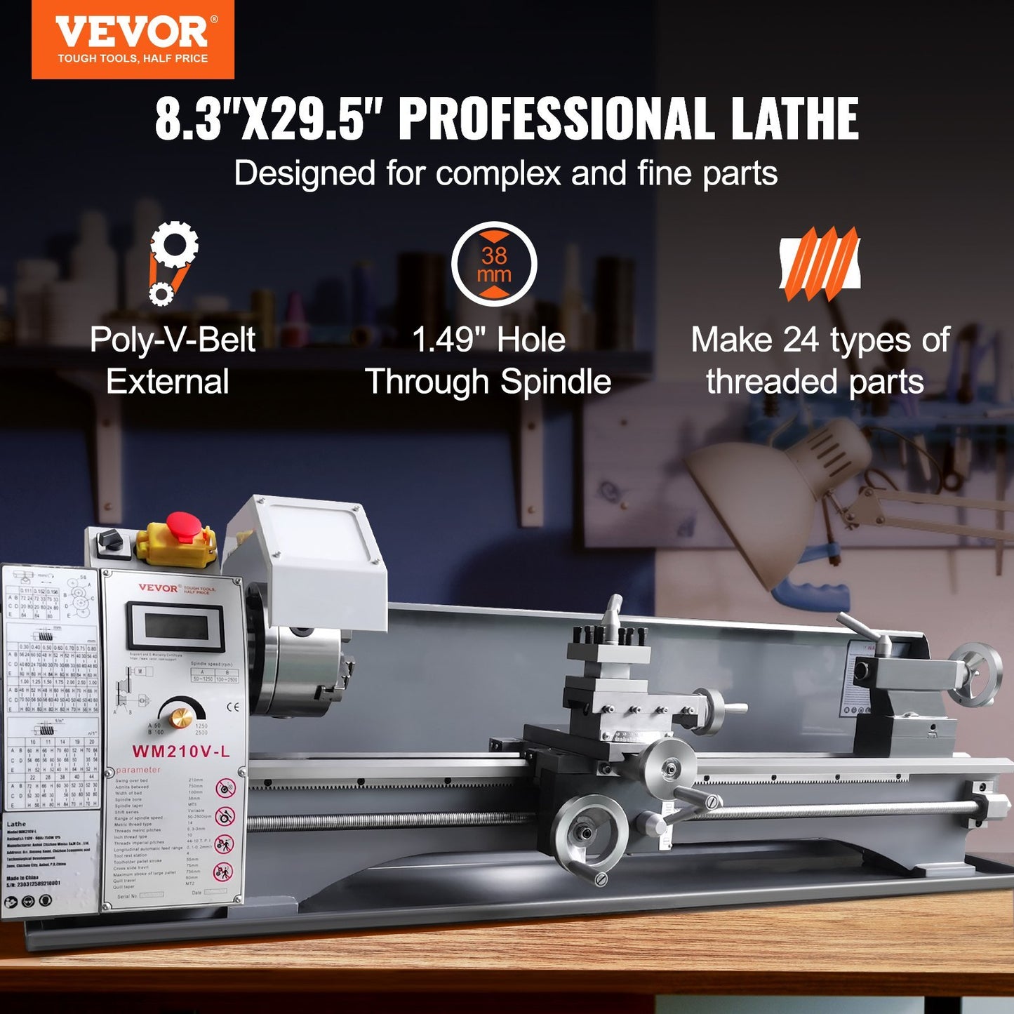 Metal Lathe Machine, 8.3'' X 29.5'', Precision Benchtop Power Metal Lathe, 0-2500 RPM Continuously Variable Speed, 750W Brushless Motor Metal Gears, With Tool Box For Processing Precision Parts