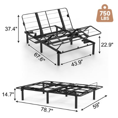Zero-Clearance Adjustable Bed Base Frame Head And Foot Incline Quiet Motor Queen Size Zero Gravity, Dual USB A   C Ports