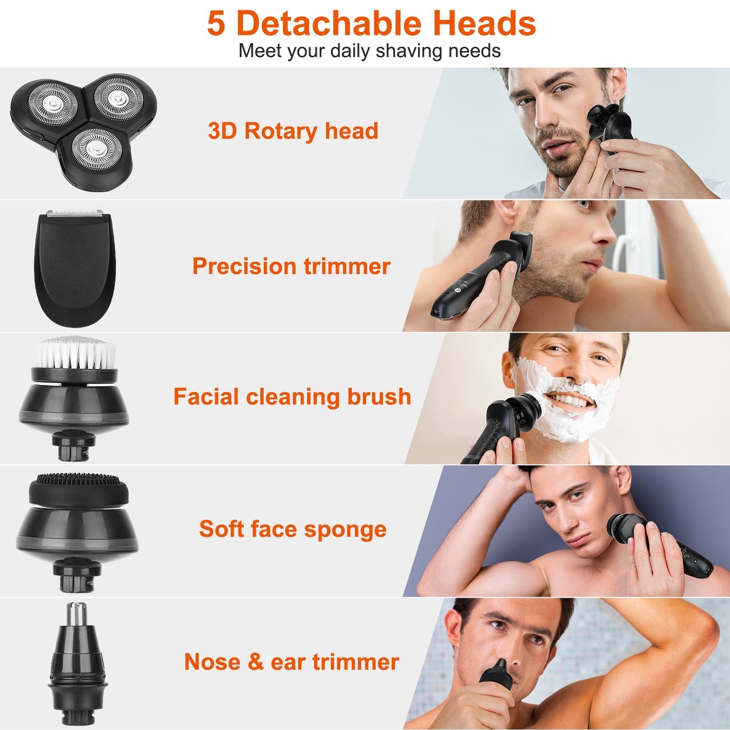 1Pack 5 In 1 Electric Razor Shaver Rechargeable Cordless Head Beard Trimmer Shaver Kit IPX6 Waterproof Dry Wet Grooming Kit