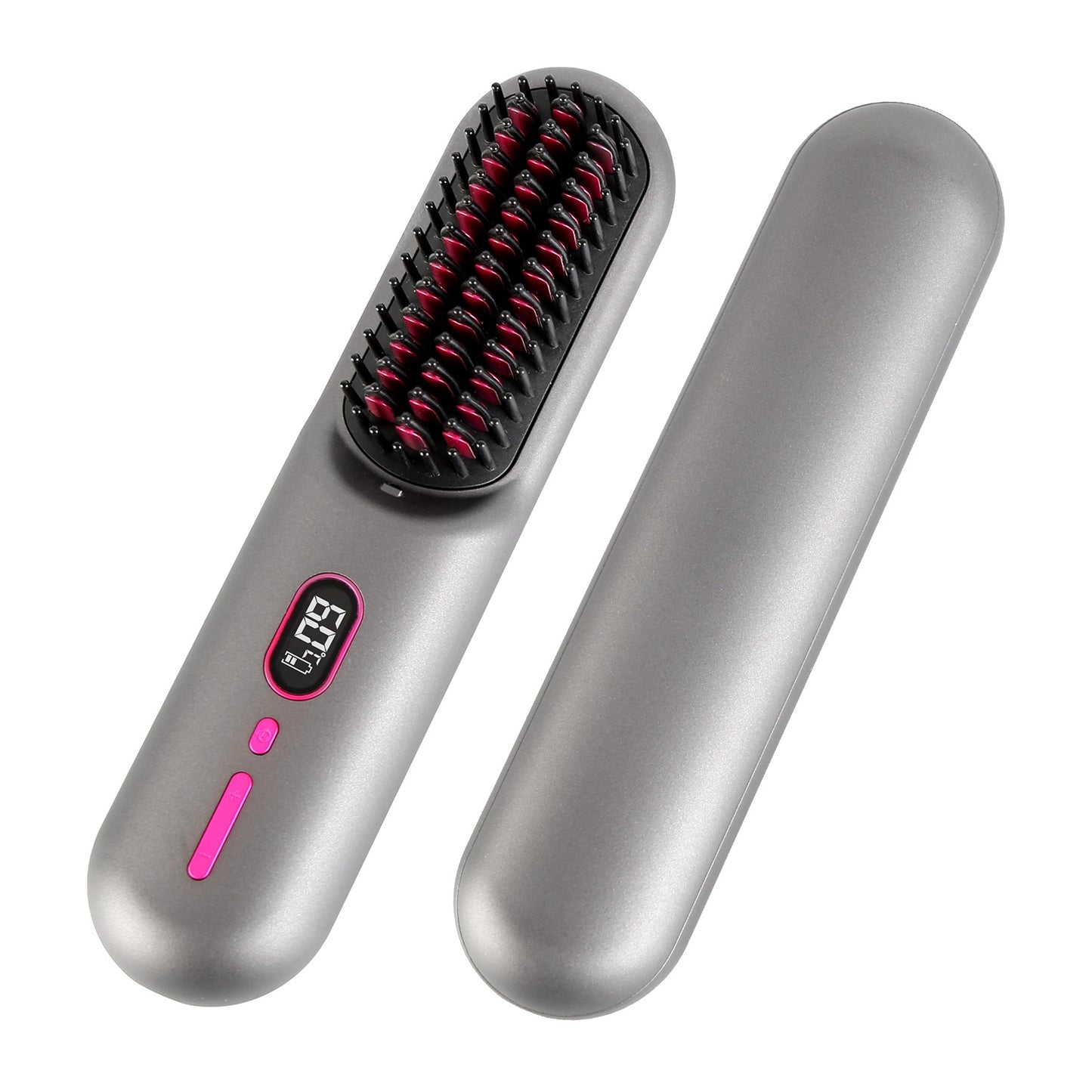 Grey-Black Options -- 1Pc Cordless Negative Ion Hair Straightener Brush Rechargeable Mini Styling Comb With 12 Heating Levels Anti-scald 30S Preheating 30Mins Auto Sleep LCD Display
