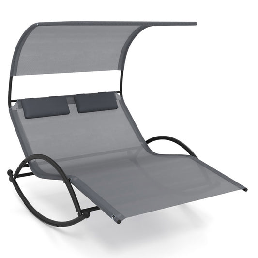 Outdoor Dual Rocker Sunbed 2-Person Canopied Patio Lounger With Detachable Headrests