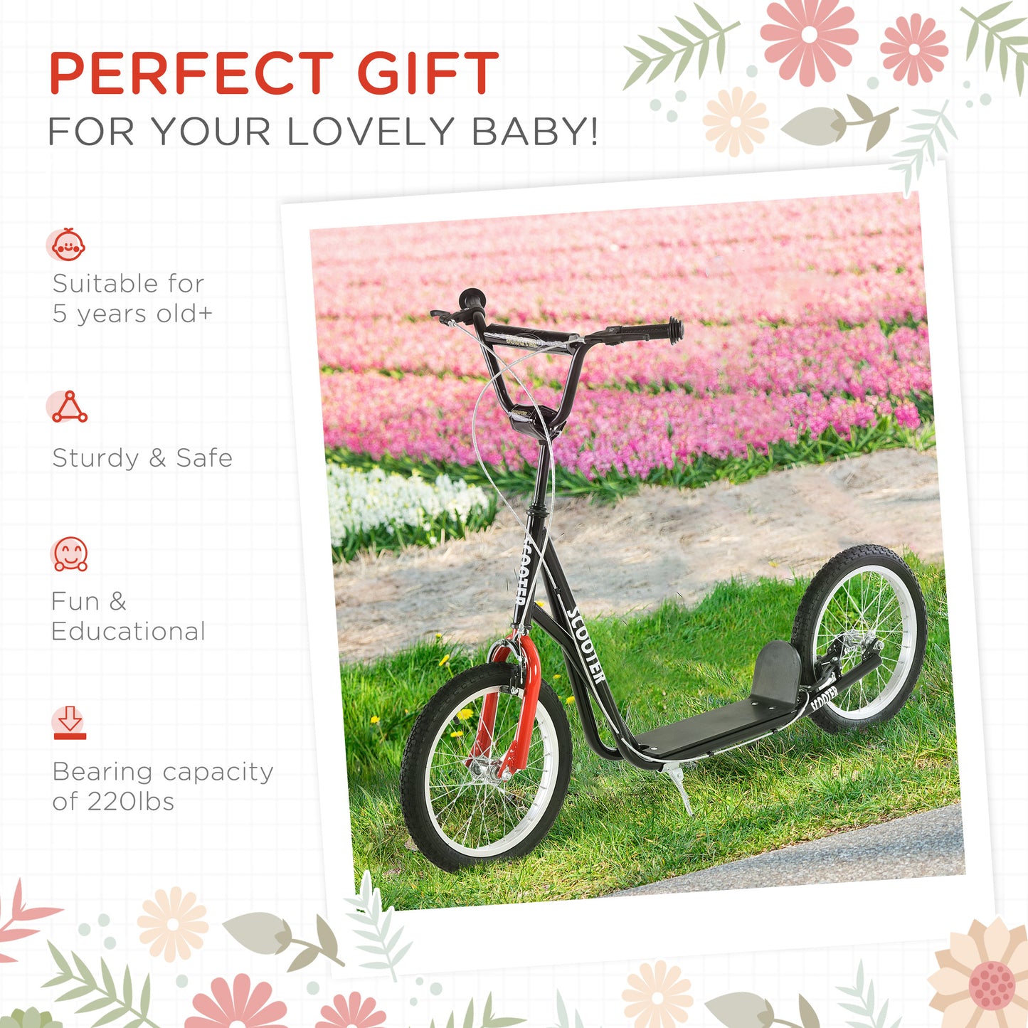 Kids Kick Scooter, Black, Adjustable Handlebar, Dual Rear Brakes, Inflatable Wheels