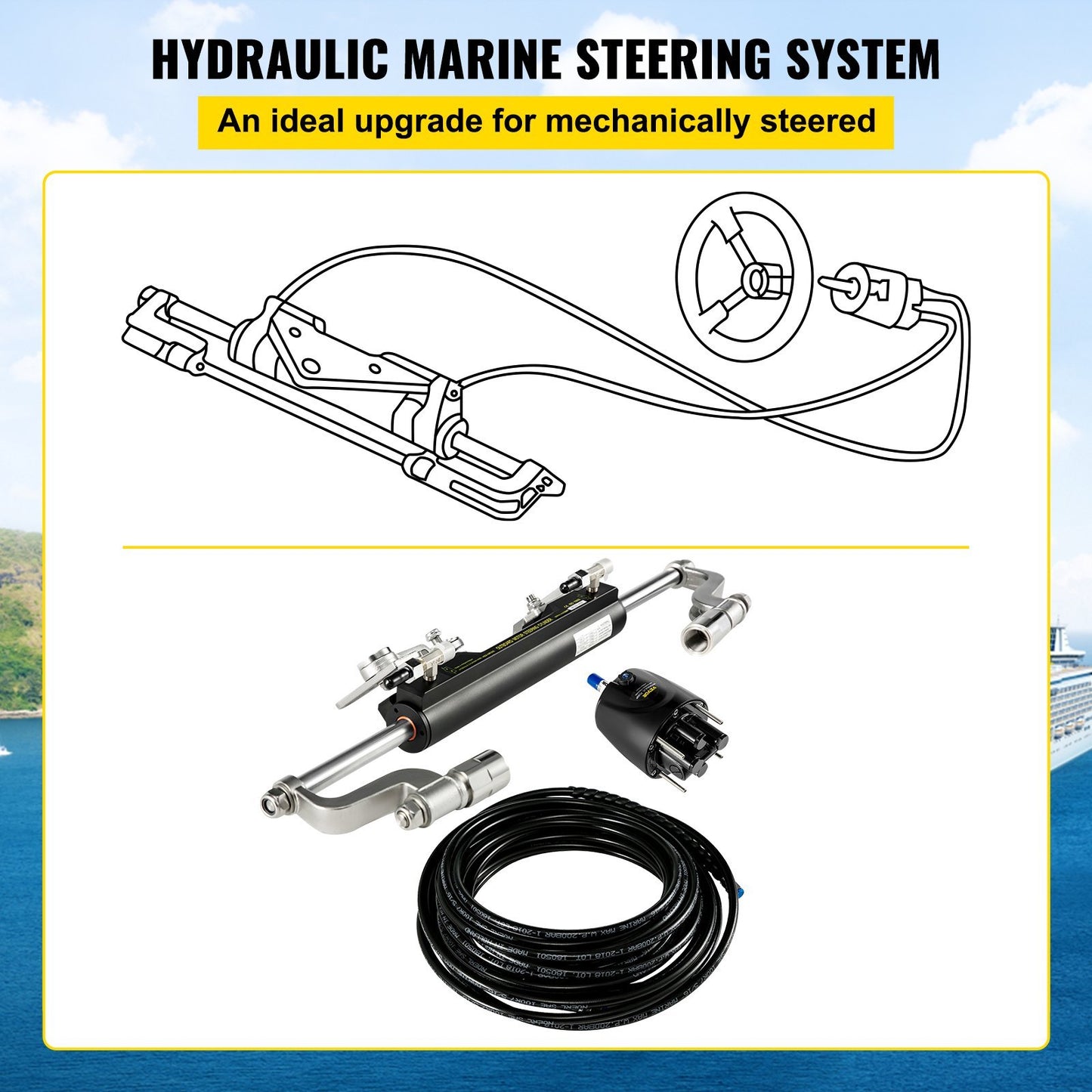 Hydraulic Steering Kit 300HP Hydraulic Steering Compact Cylinder Hydraulic Outboard Steering Kit With Helm For Boat Marine Steering System