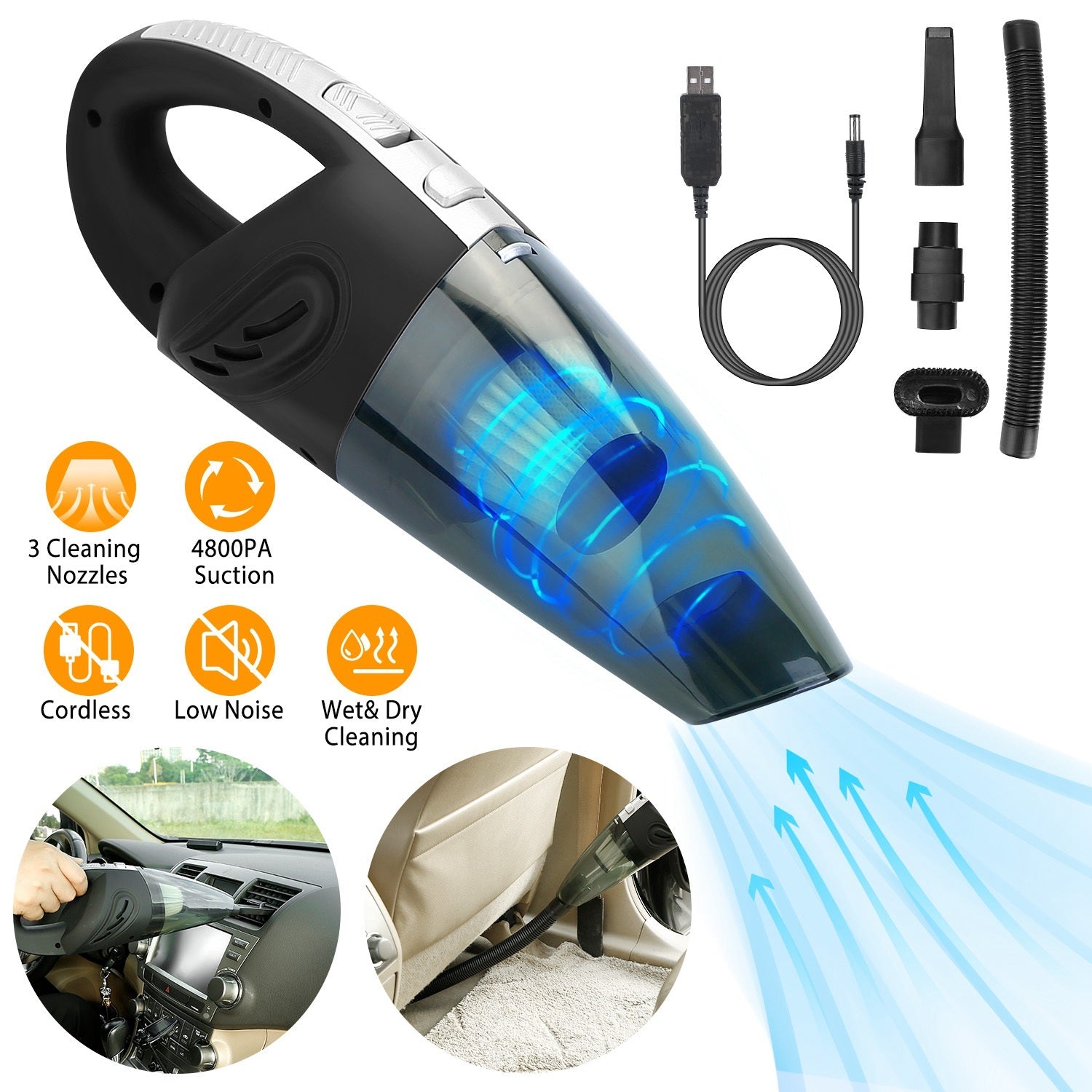 Car Handheld Vacuum Cleaner Cordless Rechargeable Hand Vacuum Portable Strong Suction Vacuum With Hose Nuzzle Brush For Dust Pet Hair