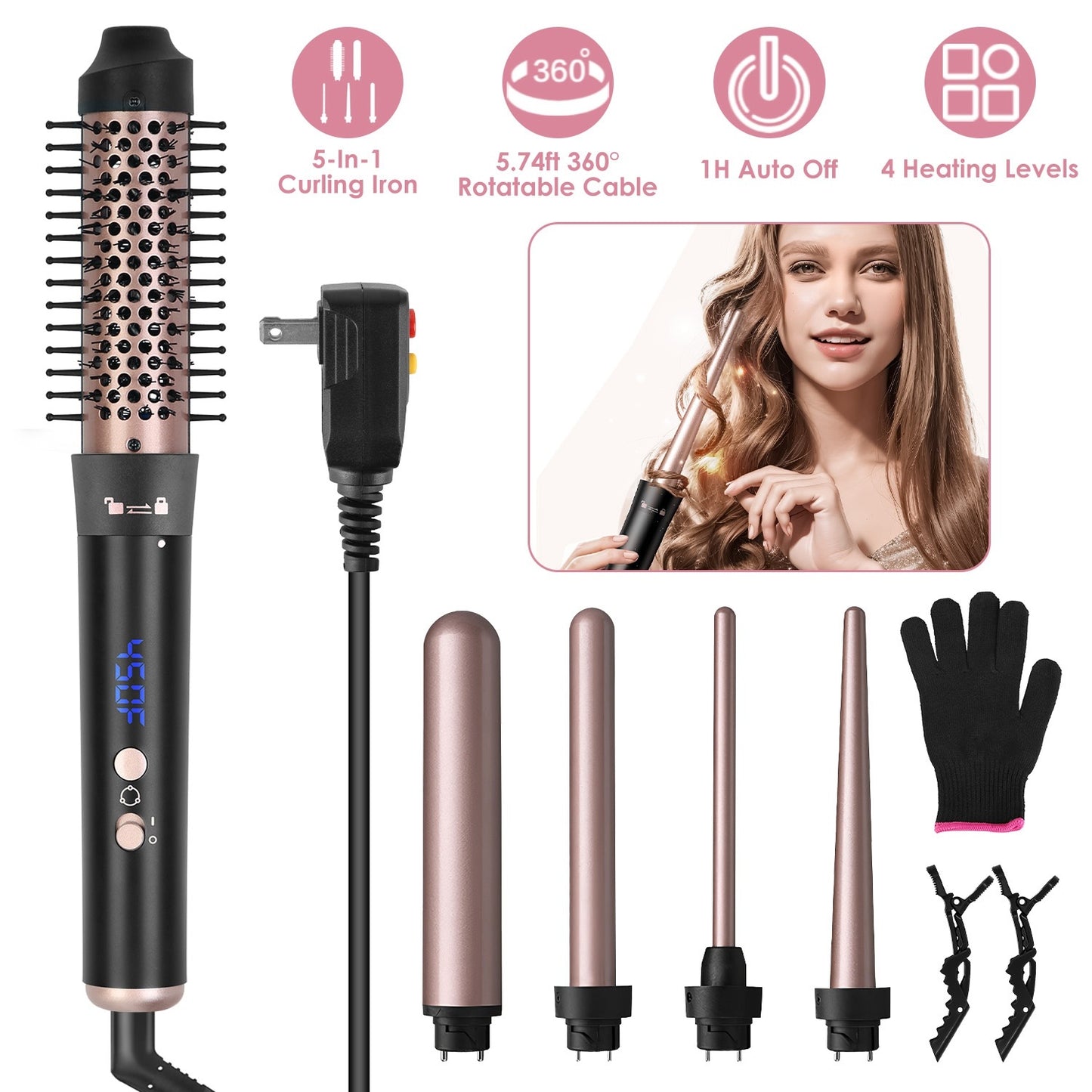 2 Type Options--1Pc 5 In 1 Curling Wand Hair Curling Iron Brush Anti-Tangle Hair Thermal Brush Curler With 4 Heating Levels 360 Degree Rotatable Cable 5 Interchangeable Barrels 2 Clips 1H Auto Off