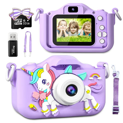 Kids Mini Camera Cartoon Unicorn Toys for Girls Boys Birthday Gifts 1080P HD 2Inch Screen with 32G SD Card Record Life Camera