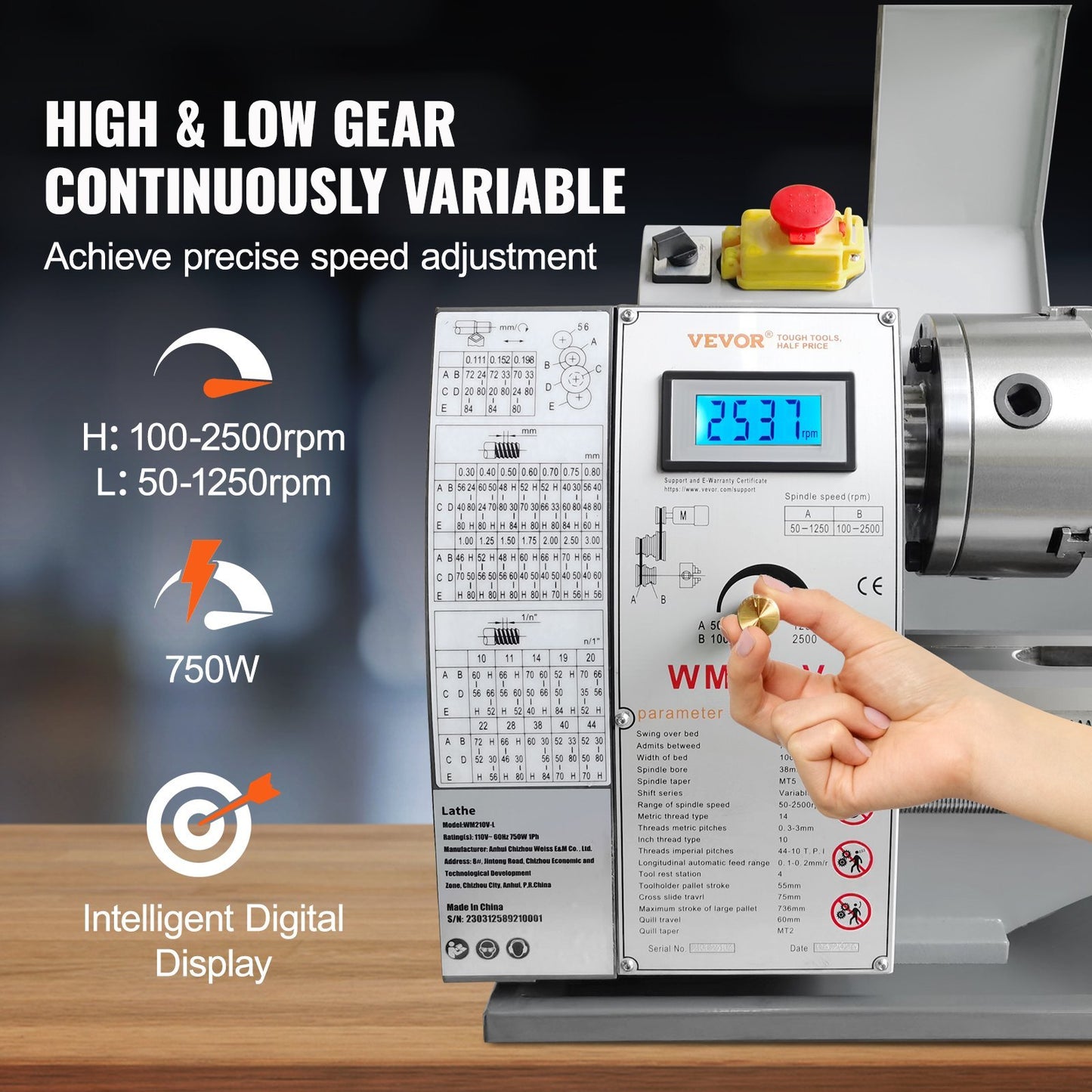 Metal Lathe Machine, 8.3'' X 29.5'', Precision Benchtop Power Metal Lathe, 0-2500 RPM Continuously Variable Speed, 750W Brushless Motor Metal Gears, With Tool Box For Processing Precision Parts