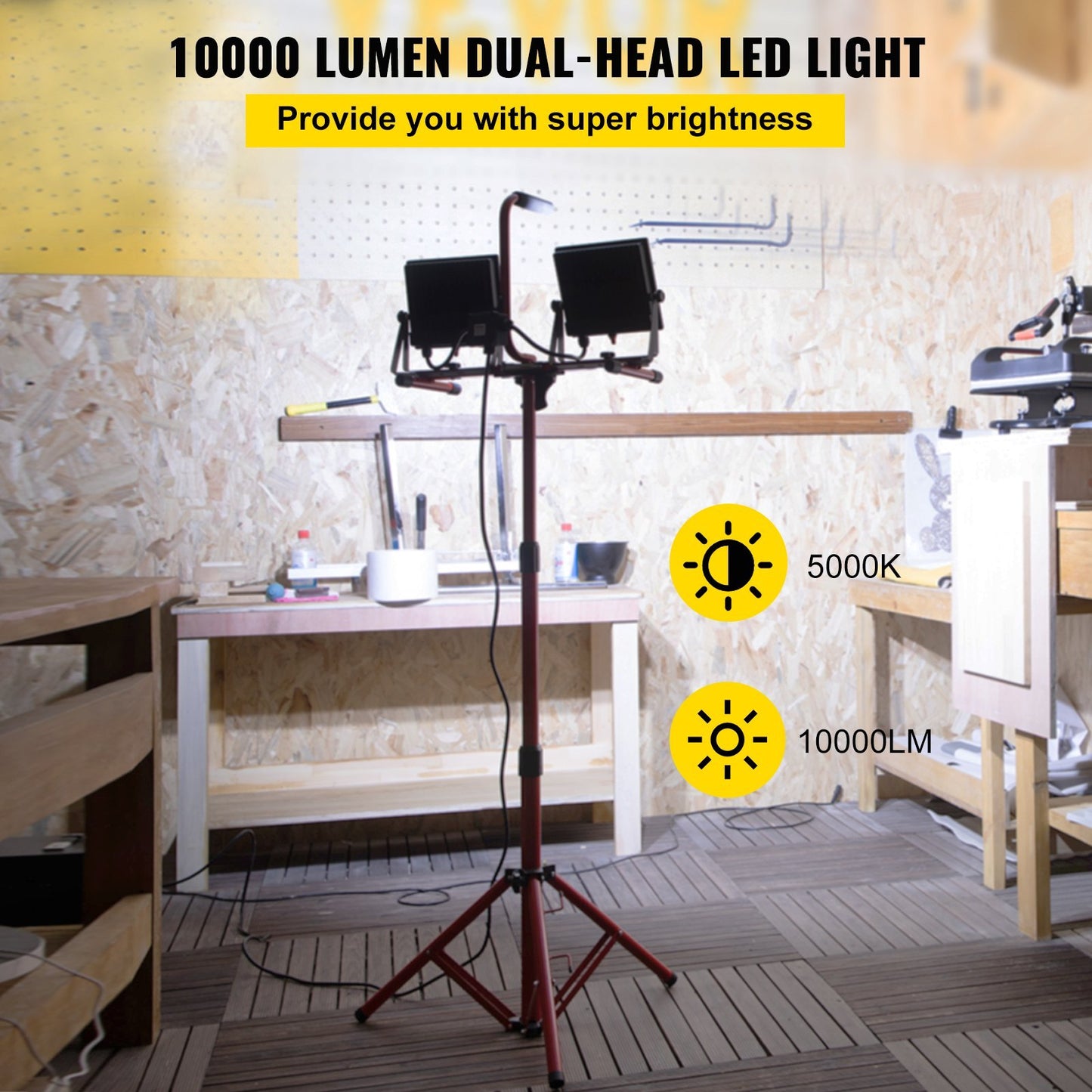 LED Work Light With Stand, 10000 Lumen Dual-head LED Work Light With Adjustable And Foldable Tripod Stand, IP65 Waterproofed LED Tripod Work Light, With 5000 Kelvin Color Temperature