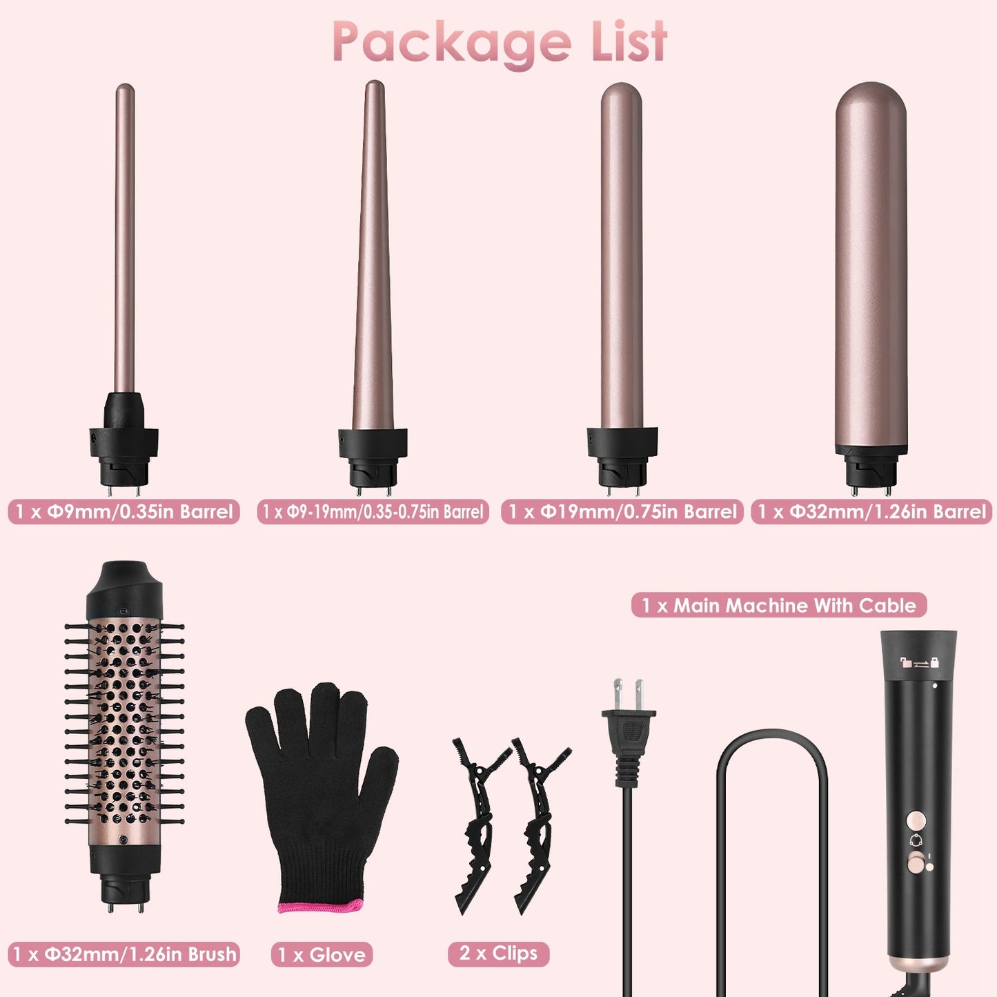 2 Type Options--1Pc 5 In 1 Curling Wand Hair Curling Iron Brush Anti-Tangle Hair Thermal Brush Curler With 4 Heating Levels 360 Degree Rotatable Cable 5 Interchangeable Barrels 2 Clips 1H Auto Off