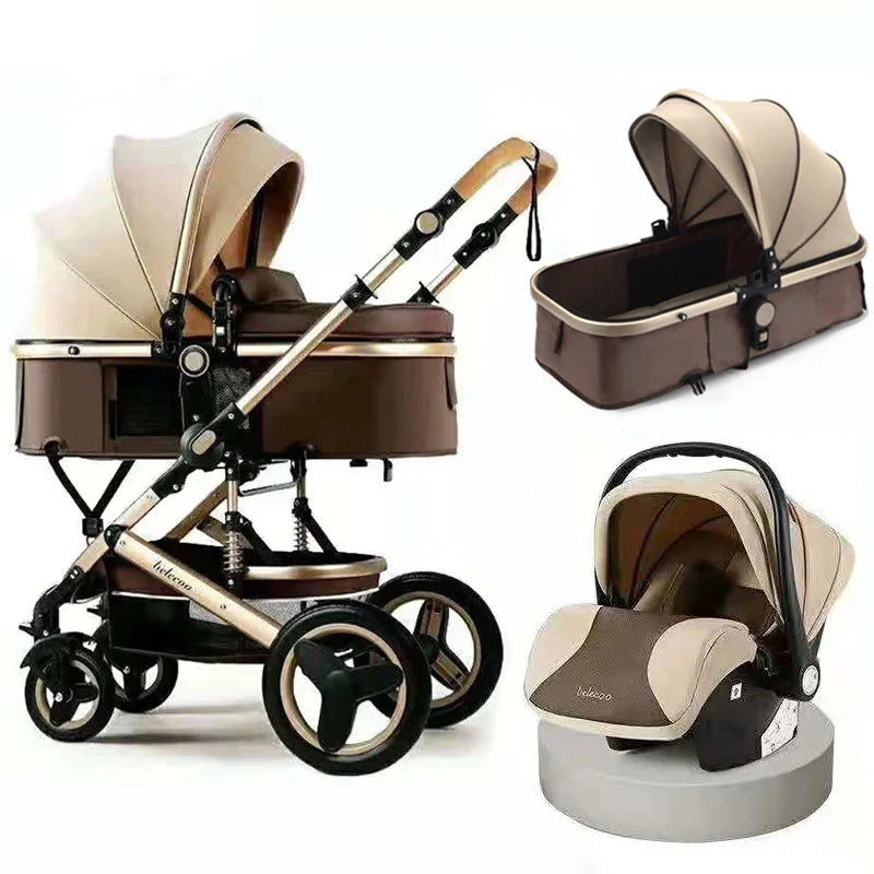 Multifunctional Baby Stroller 3 in 1 High-View Stroller Can Sit and Lie Two-Way Newborn Baby Stroller with Basket