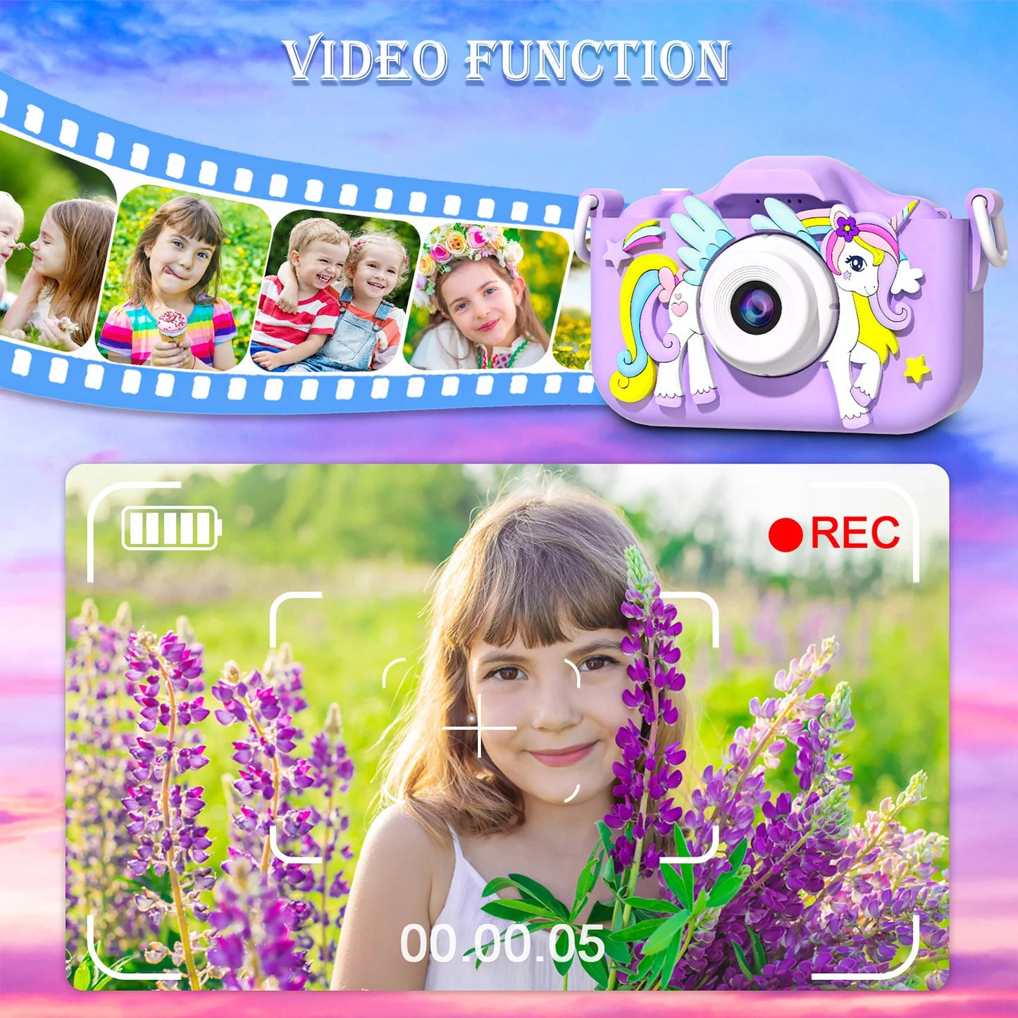 Kids Mini Camera Cartoon Unicorn Toys for Girls Boys Birthday Gifts 1080P HD 2Inch Screen with 32G SD Card Record Life Camera