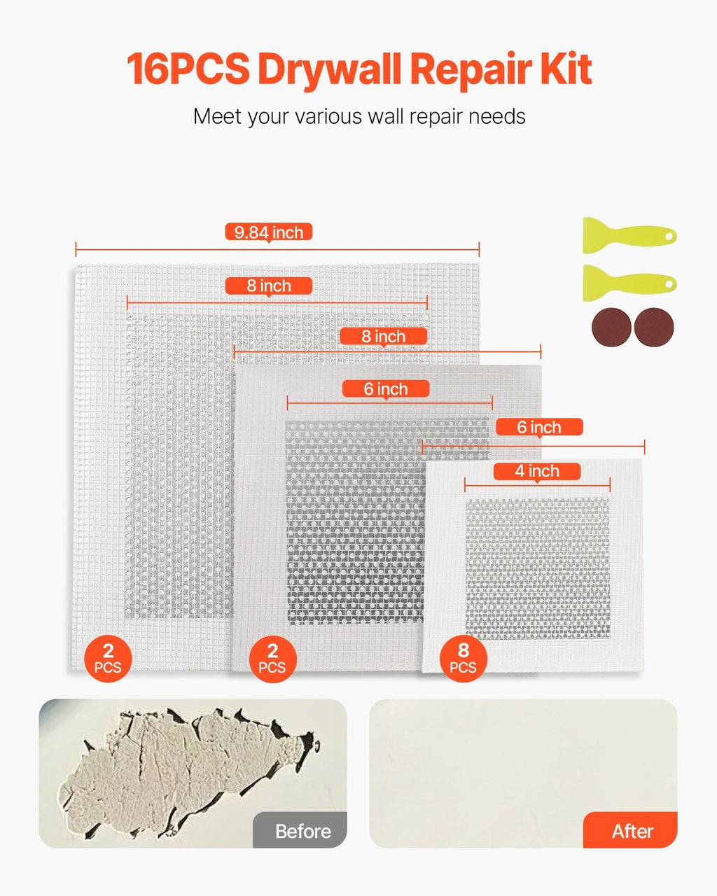 16PCS Drywall Repair Kit Self-Adhesive Dry Wall Repair Patch Kit