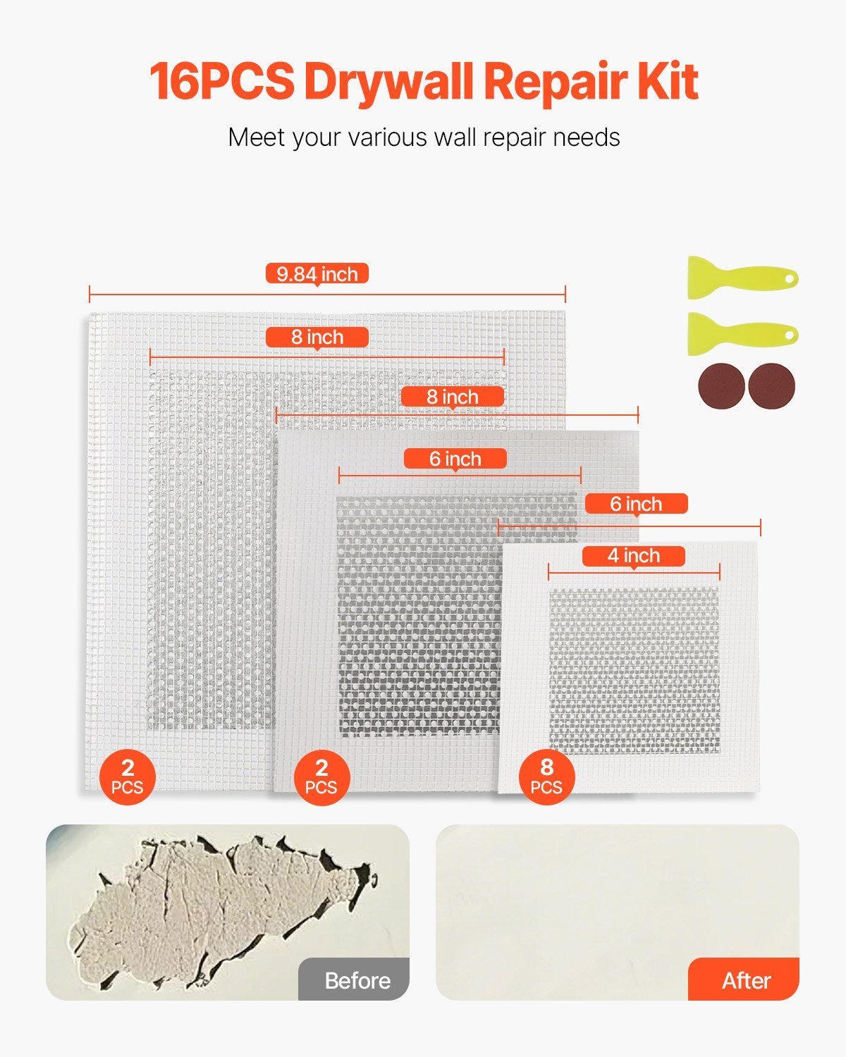 16PCS Drywall Repair Kit Self-Adhesive Dry Wall Repair Patch Kit