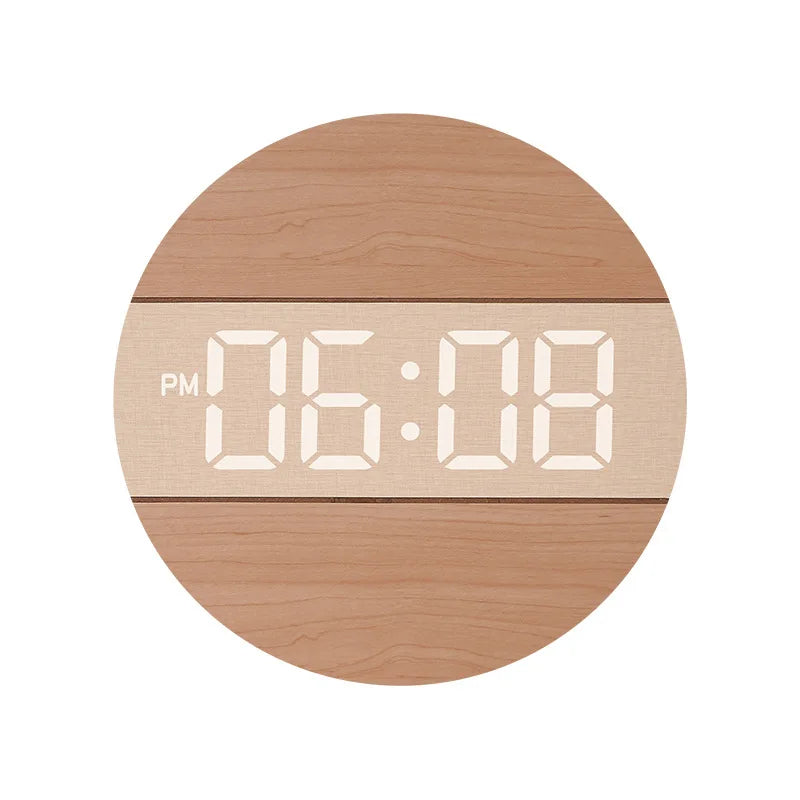 Large Screen Digital Clock Wooden Color 12/24H Household Wall Mounted Clock for Living Room with Automatic Brightness Adjustment