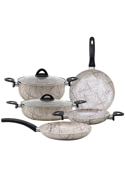 Lily 7 Piece Granite Pot Pan Set Cream Kahvean 20 Cm - 1 Pcs Frying Pan 24 Cm - 1 Pcs Frying Pan 26 Cm - 1 Pcs Cookware 22 Cm - 1