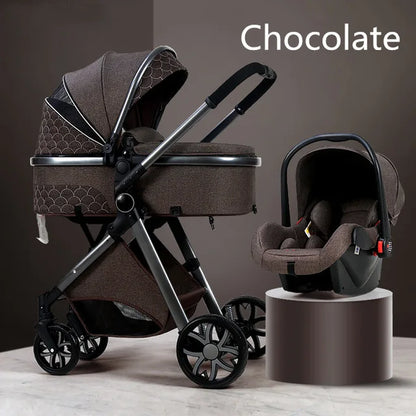 Fashion Baby Stroller 3 in 1 Folding Prams Portable Travel Baby Carriage Luxury Leather High Landscape Baby Car