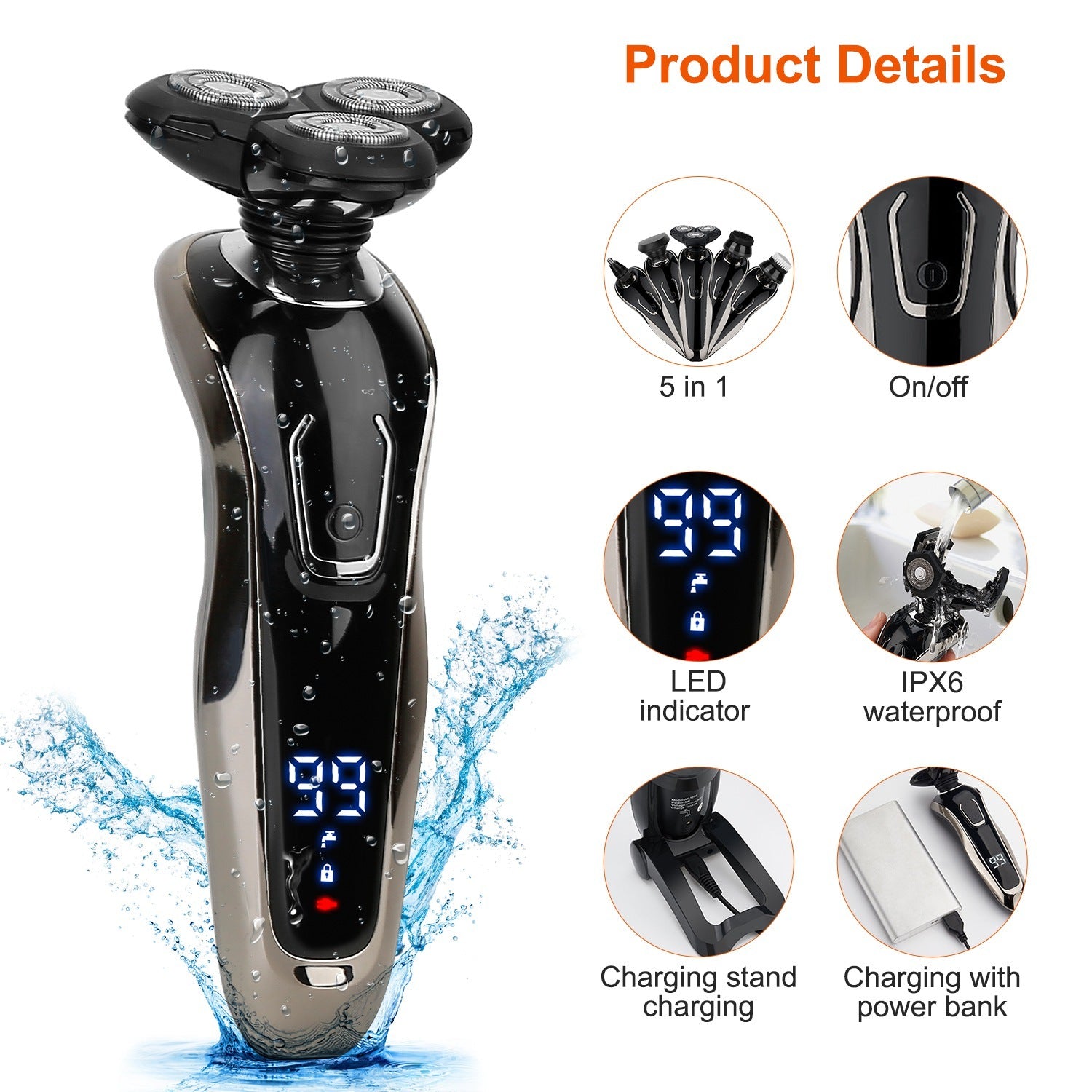 1Pack 5 In 1 Electric Razor Shaver Rechargeable Cordless Head Beard Trimmer Shaver Kit IPX6 Waterproof Dry Wet Grooming Kit
