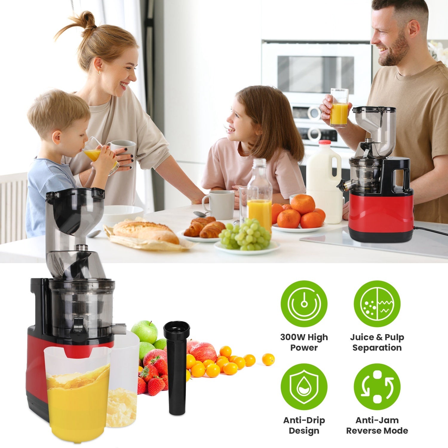 1Pc Cold Press Juicer Machine 300W Electric Slow Masticating Juicer For Whole Vegetable And Fruit With Reverse Function 2 Containers Cleaning Brush Clear Marks Easy Cleaning Fedex Shipping