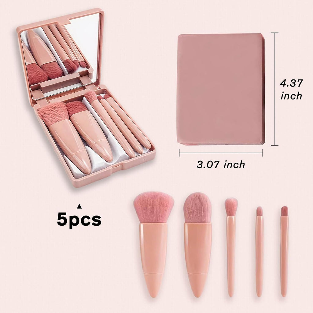 Portable 5pc Makeup Brush Set with Mirror & Travel Case (Pink)
