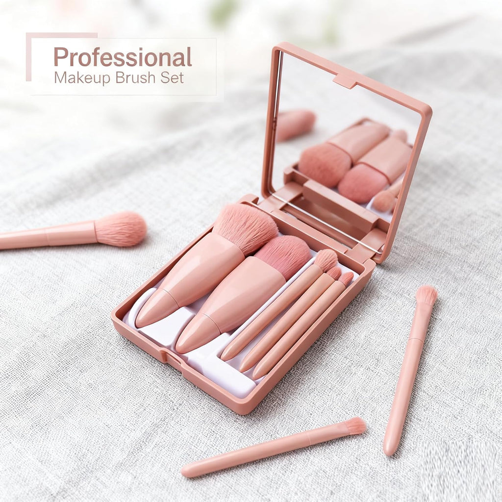 Portable 5pc Makeup Brush Set with Mirror & Travel Case (Pink)