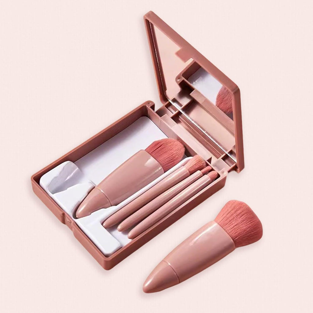Portable 5pc Makeup Brush Set with Mirror & Travel Case (Pink)